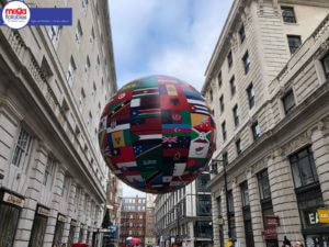 Giant inflatable sphere with country flags